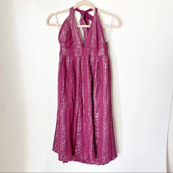 New Lulus Charlize Magenta pink metallic Striped Halter Midi Dress - Picture 5 of 8